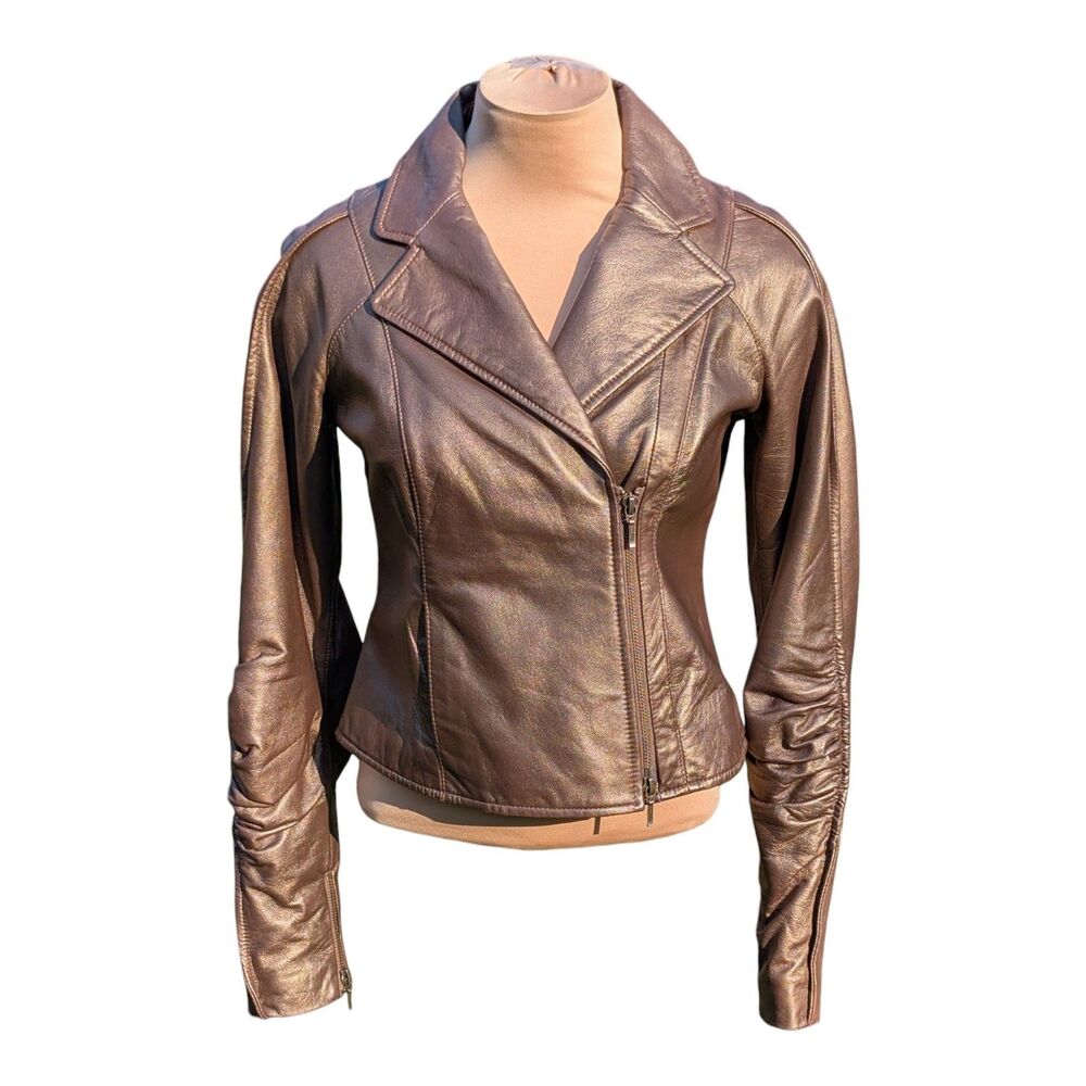 Teri Jon Women's Genuine Leather Biker Jacket Metallic Bronze Size 2 Edgy Rocker